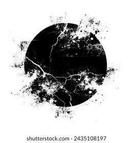 Monochrome illustration of a planet with volcanoes. Black grunge orb isolated on a white background.