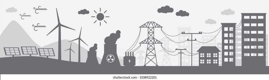 Monochrome illustration of power distribution system. 