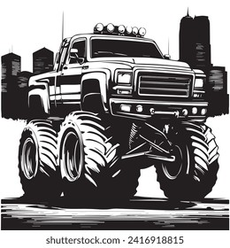 Monochrome Illustration of a Powerful Monster Truck for your work's logos, T-shirt merchandise, stickers, label designs, posters, greeting cards, and advertising for business entities or brands.