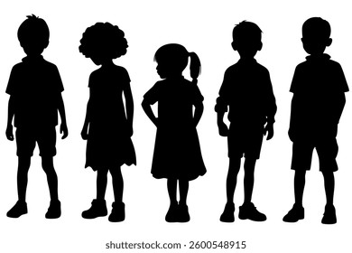 A monochrome illustration presents a collection of child silhouettes against a white background, featuring five children of varying heights, hairstyles, and attire. 