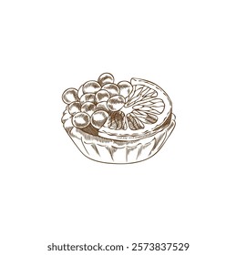 Monochrome Illustration of red or black caviar with lemon on a tartlet. Seafood delicacy. Hand drawn appetizer with caviar. Vector Vintage engraving. Isolated background.