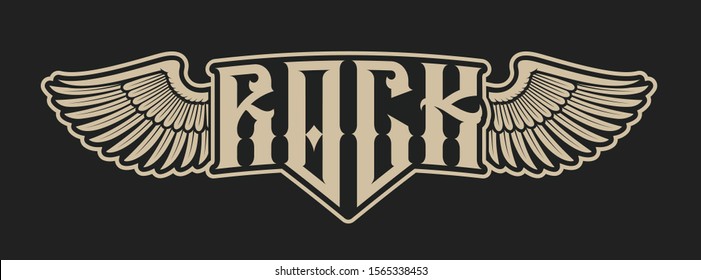 Monochrome illustration of rock lettering with wings on a black background. Ideal for factory printing