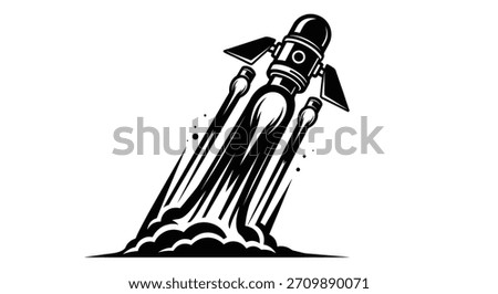 Monochrome illustration of a rocket taking off, featuring detailed flames and a dynamic smoke trail, conveying power and forward motion.