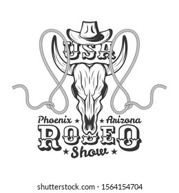 Monochrome illustration of Rodeo Show emblem with Skull bull and cowboy hat, lasso isolated on a white background