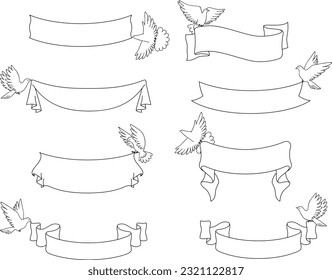 Monochrome illustration set of birds and tape ribbon frames and banners.
