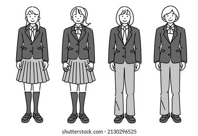 Monochrome illustration set of a female student standing facing front wearing various types of school uniforms, including slacks and skirts.