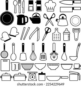 Monochrome illustration set of kitchen utensils