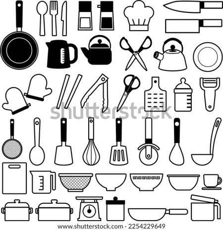 Monochrome illustration set of kitchen utensils Foto stock © 