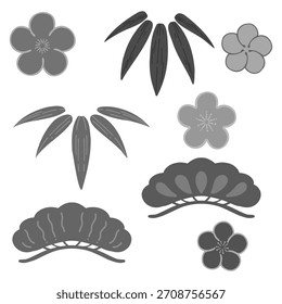 Conjunto de ilustración monocromo de pino, bambú y ciruela