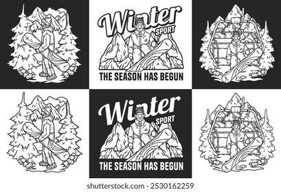 Monochrome illustration set of snowboarder in different situations, perfect for designs related to winter sports and activities
