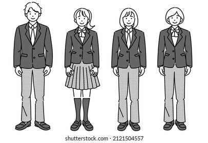 Monochrome illustration set of a student wearing various types of school uniforms, such as slacks and skirts, standing facing the front.