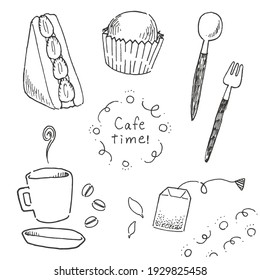 Monochrome illustration set of tea and sweets.