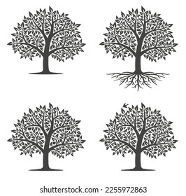 Monochrome illustration set with various tree motifs