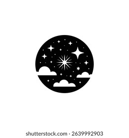 A monochrome illustration showcasing a night sky filled with stars and clouds, framed within a circle, highlighted by a central starburst motif in vector format.