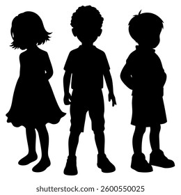 A monochrome illustration shows the silhouettes of three young children. One child is wearing a dress, another a shirt and shorts