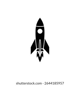 A monochrome illustration shows a simple black rocket ship blasting off, flames emitting from the bottom, with isolated white background. Space exploration concept image.