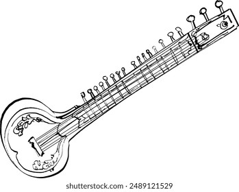 A monochrome illustration of the sitar, an Indian string instrument.