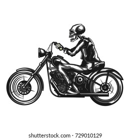 Monochrome illustration of the skeleton biker on a motorcycle isolated on white background.