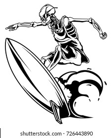 Monochrome illustration of skeleton on surfing board isolated on white background