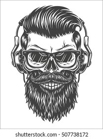 Monochrome illustration of skull with beard, mustache, hipster haircut, glasses with transparent lenses and headphones. Isolated on white background.