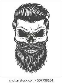 Monochrome illustration of skull with beard, mustache, hipster haircut. Isolated on white background