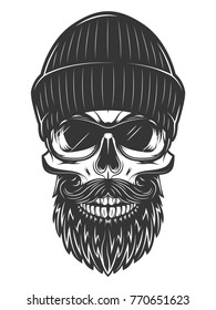 Monochrome illustration of Skull in cap with glasses, mustache, beard, hipster style isolated on a white background