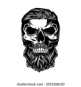 Monochrome illustration of skull with hair and mustache