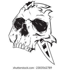 Monochrome illustration of a skull impaled by a broken knife on a white background