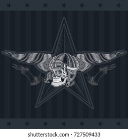 Monochrome illustration of skull with star and vintage motorcycle or aviator hat between wings with USA flag on dark background