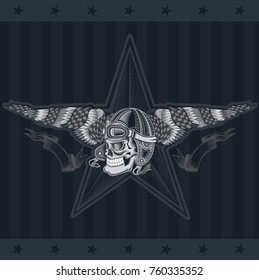 Monochrome illustration of skull with star and vintage motorcycle or aviator hat between wings with race flag on dark background