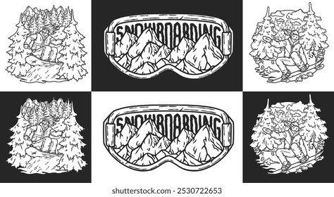 Monochrome illustration of a snowboarder carving through a snowy forest with a stylized depiction of mountains seen through ski goggles