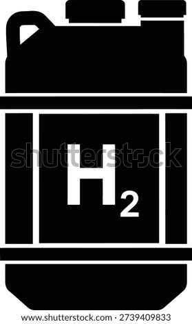 Monochrome illustration of a square shaped container for hydrogen H2 in solid black fill with no outline or stroke The container features a thick bold design with rounded corners The container is centered flat front view and uses a 1 1 square layout The hydrogen symbol H2 is centered within a rectangular frame using a bold sans serif typeface with a smaller lowered 2 superscript Clean silhouette with balanced negative space and even padding around the edges The container has handles on top