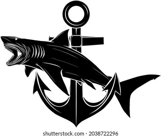 Monochrome illustration of stylized shark with anchor isolated on white.