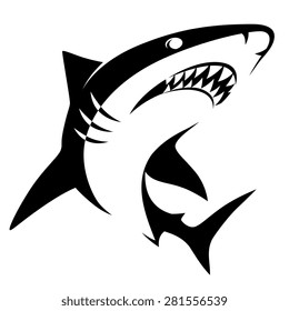 Monochrome illustration of stylized shark isolated on white. 