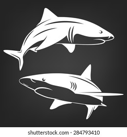 Monochrome illustration of stylized two sharks isolated on white. Vector EPS8 illustration. 