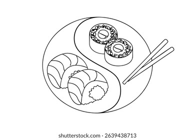 Monochrome illustration of sushi rolls and chopsticks arranged in a yin yang composition