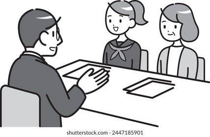 Monochrome illustration of a teacher and parent and child having a three-way interview