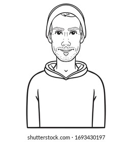monochrome illustration of a teenager with a hat and beard.  Comic, avatar.
