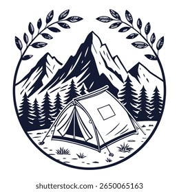 A monochrome illustration of a tent nestled in a mountain landscape, framed by leafy branches within a circle.