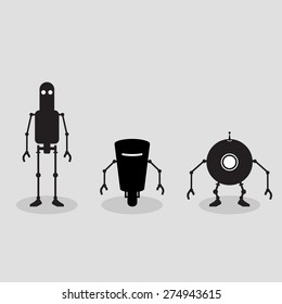 Monochrome illustration of three robots front view