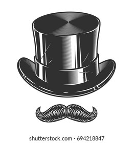 Monochrome illustration of top hat and moustache isolated on white background