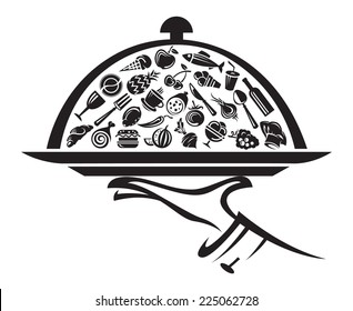 monochrome illustration of tray in hand