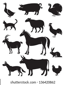 monochrome illustration of twelve farm animals