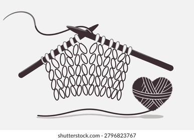 Monochrome illustration of two knitting needles holding a partially finished piece of knit fabric next to a heart shaped ball of yarn.