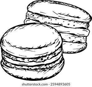 Monochrome illustration of two macarons, drawn in a detailed sketch style. Ideal for confectionery, bakery branding, menu design, Valentine s Day or festive decorations. Perfect for cards, labels