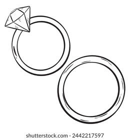 A monochrome illustration of two wedding rings with a diamond center