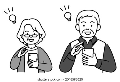 It is a monochrome illustration of the upper body of a senior couple who is coming to see the smartphone.
Vector data that is easy to edit.
