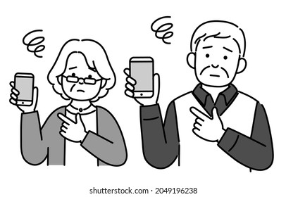 It is a monochrome illustration of the upper body of a senior couple who is having trouble pointing at a smartphone.Vector data that is easy to edit.