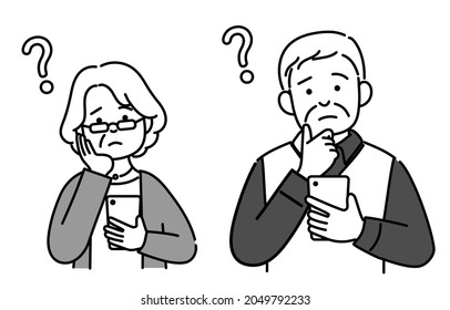 It Is A Monochrome Illustration Of The Upper Body Of A Senior Couple Who Is Worried About Looking At A Smartphone.Vector Data That Is Easy To Edit.