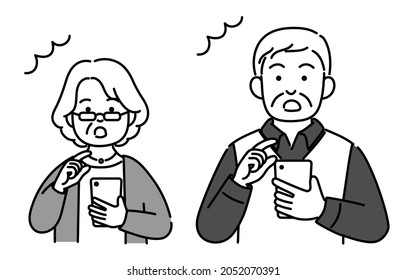 It is a monochrome illustration of the upper body of a senior couple who is surprised to see a smartphone.Vector data that is easy to edit.